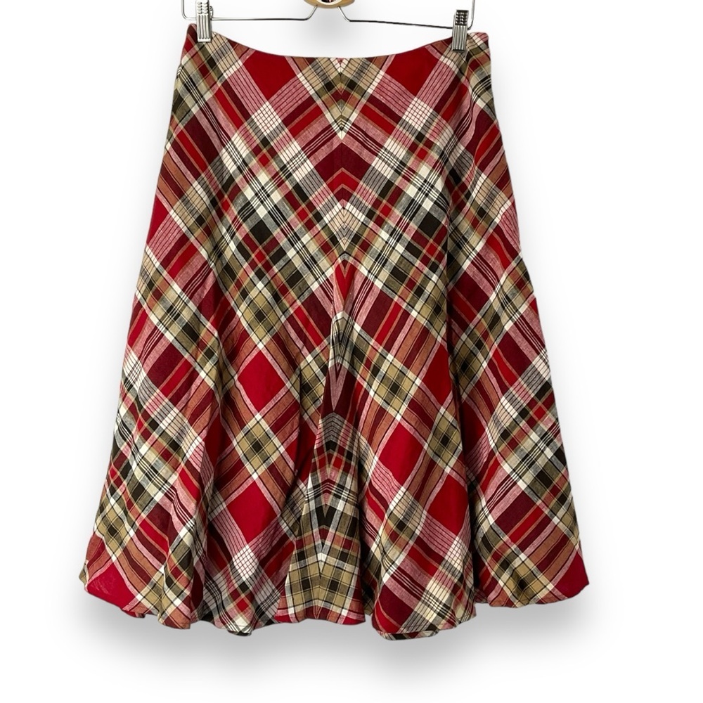 Jones New York Skirt Linen Plaid Tartan Midi Full Circle Red Tan White Size 6